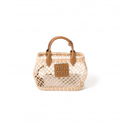 MIU MIU WOVEN FABRIC HANDBAG WITH LEATHER TRIM 5BA286 (23.5*18*9cm)